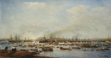 150の主題の芸術作品 Painting - ロシア艦隊のトゥーロン港への入場 アレクセイ・ボゴリュボフのボートの波止場風景
